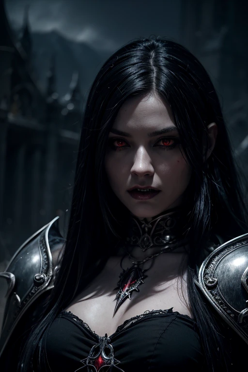 a high fantasy digital painting of an elder vampire, hyper detailed face, piercing red eyes, sharp fangs, long black hair, ornate silver armor, dark gothic cape, dramatic lighting, cinematic composition, epic fantasy dark, solo girl, fully nude, perfectly atomically correct body detail, hyper realistic