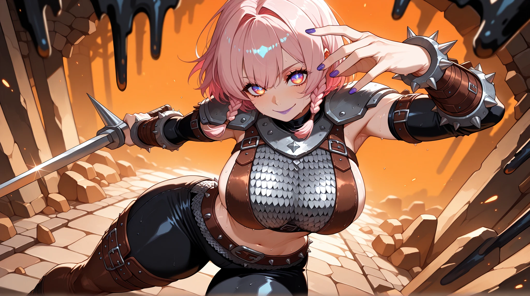 Only One Woman、Dark Elf、Light purple hair、Dark Skin、Sharp, pointed ears、Short Bob、short hair、Large size breasts、female knight、Wearing armor、garter belt、Urinating in a cave、Spread your legs、Squat positions、Closed、Open your mouth、Blushed face、Embarrassing、Shortness of breath、Suppressed、Handcuffs、Shackles、Bound in chains、Hands above head