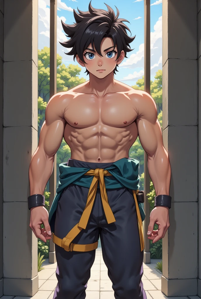 Showing off his muscular muscular back, red skin, bright red skin, the boy blushed shyly , rosy skin, shiny skin(muscular thigh muscles )( anime style, art) (photo angle from bottom up) (photo angle from the ground upwards) [Anime photo][highest quality photo][4k,HD photo quality ] wear tight and short loincloths , bulging loincloths, torn loincloths, wet loincloths, ancient, dirty loinclothuscular thigh muscles, firm thigh muscles, muscular thigh muscles, sinewy thigh muscles, giant thigh muscles, strong leg muscles, muscular hamstring leg muscles)(thigh muscles bulging as if about to explode, muscular, calloused, sinewy, giant) , Rudeus Greyrat,fun, happy, huge body, muscular and muscular, bodybuilder, bodybuilding, standing, lots of sweat flowing down, topless, shirtless, hot sunny, 8 pack abs , short hair , green eyes,  Raise your arms high to reveal your armpits, Hands behind the head. Below view.