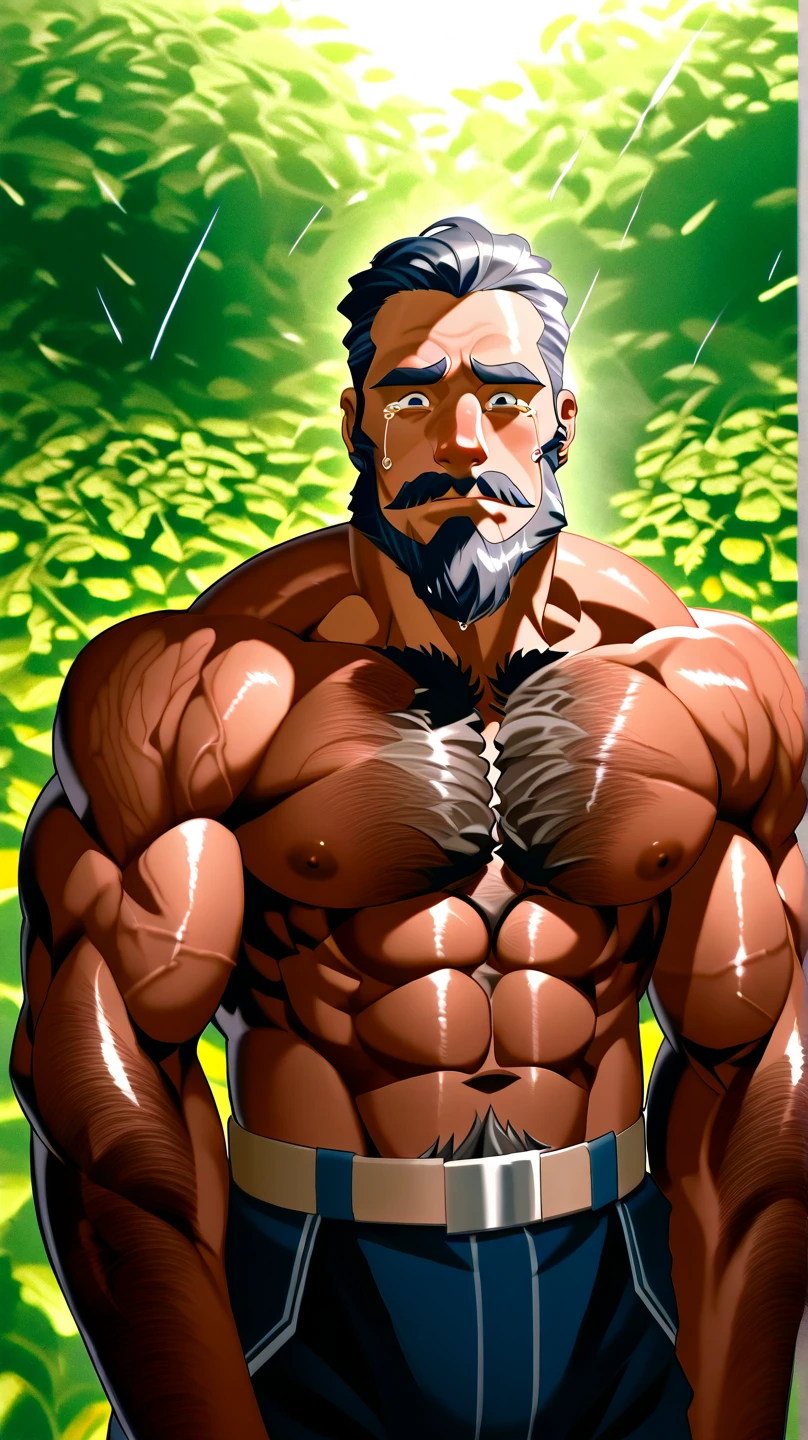 Zeus ,A strong, strapping middle-aged man，His muscles are well defined，muscularity，Zeus was trapped in a swamp in a tropical forest，His arms were bound by green Man-eating plant，Zeus was struggling，Zeus wearing green underpants，His arms and legs were entangled in the green Man-eating plant，Zeus in pain.，Zeus is weak，Zeus was tied up by green Man-eating plant,He fell prey to green Man-eating plant，Zeus was taken prisoner. Zeus was humiliated，，He's tempting.Zeus is sexy.Zeus is full of masculine charm