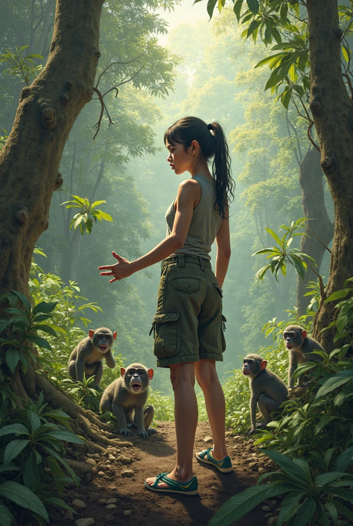 A (((beautiful tween holding a monkey and a monkey in her arms,))) ((Ellie from the last of us part one)) a, Wearing micro skirt. ((And her get hugs with Lewd monkey groping her in jungle)).(realistic arts), intricate, (monkey craves her carnally), nipslip, puffy nip, milky, ((monkey grabbing breasts))