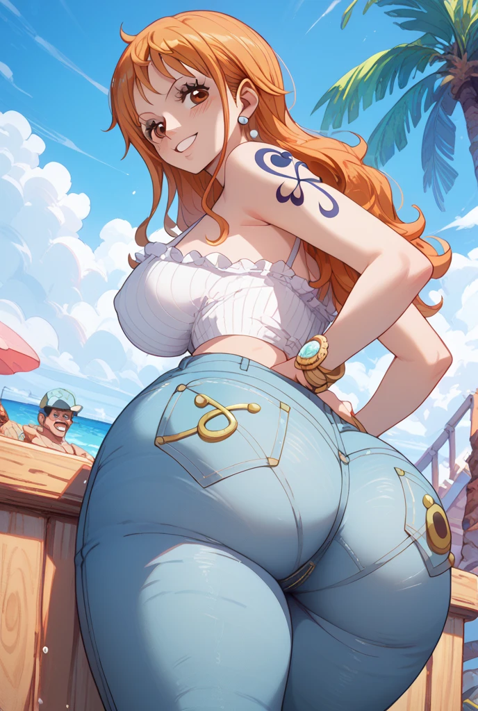 Nami from one piece, stepping on a mans head, sandals, feet, raising one middle finger, orange nails, bikini, jeans, plump ass, large breasts, erect nipples, Detailed, Masterpiece, UHD
