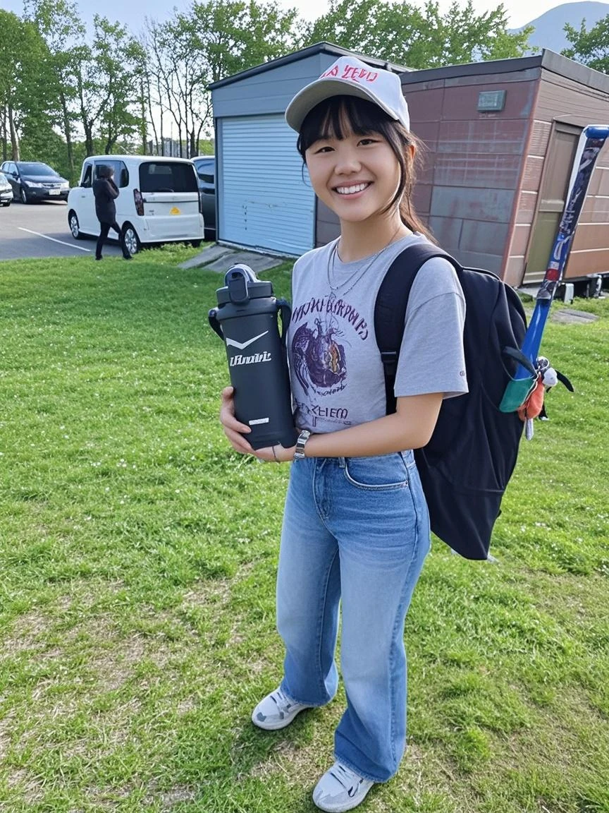 Konami,One girl,smile, View your viewers, Green jacket, gloves, Green shorts,Green footwear, holding ax,ax,building, masterpiece,Highest quality,cruvy body