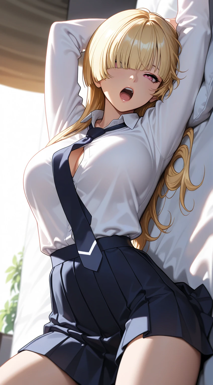 highest quality,wonderful,finely,Very detailedな CG ユニティ 8k 壁紙、(Contemptuous Eyes、Glaring expression:1.4)、train、whole body, Huge breasts、(Sailor suit), (Random Color、Shiny panties:1.5),,(Black Stockings:1.1),(Thighs:1.2),(From below:1.1)、(highest quality:1.2, Anime artwork, Very detailed, High detail, digital coloring, High Contrast, masterpiece:1.2, highest quality, Best aesthetics), (((kitagawa marin, 1 girl))), Blonde Hair, Straight Long Hair, Pink gradient hair, Red eyes, Earrings, White shirt, Black choker, Blue tie, Check skirt, Lift up the skirt