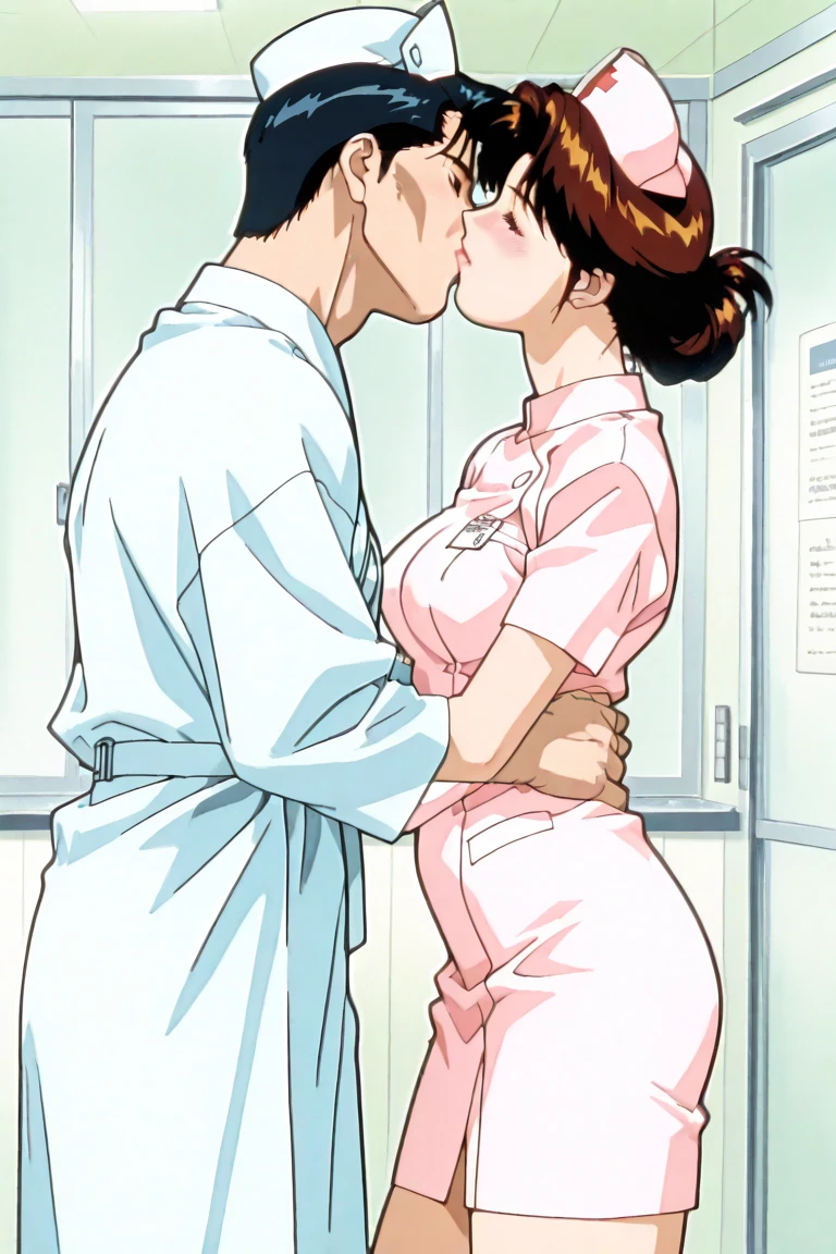 Boy kissing a pretty Japanese woman (medium-short dark brown hair), (large breasts), double eyelid, White nurse uniform, small white nurse (cap), white shirt, open shirt in the hospital, patient's room