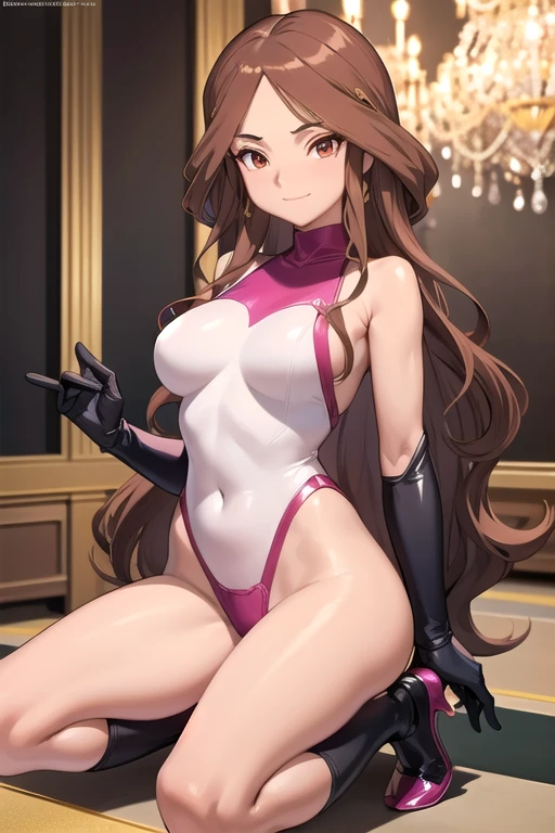 cowboy shot, anime style: 1.8, anime drawing, ultra detailed face, ultra detailed body, 4k, Sumergai Lee Noriega, (standing, hands on hips), best quality, anime style, hires, highest definition, digital blending, bold drawing lines, (very slim body), (location: wrestling arena, crowds watching), (), ((black wrestling gear: leotard, boots, gloves, collar band, black gear)), victorious, winner, smile, (pale skin, shiny skin), (big breasts), (big eyes, brown eyes), (warming up), (brown, long hair), 27 years old,