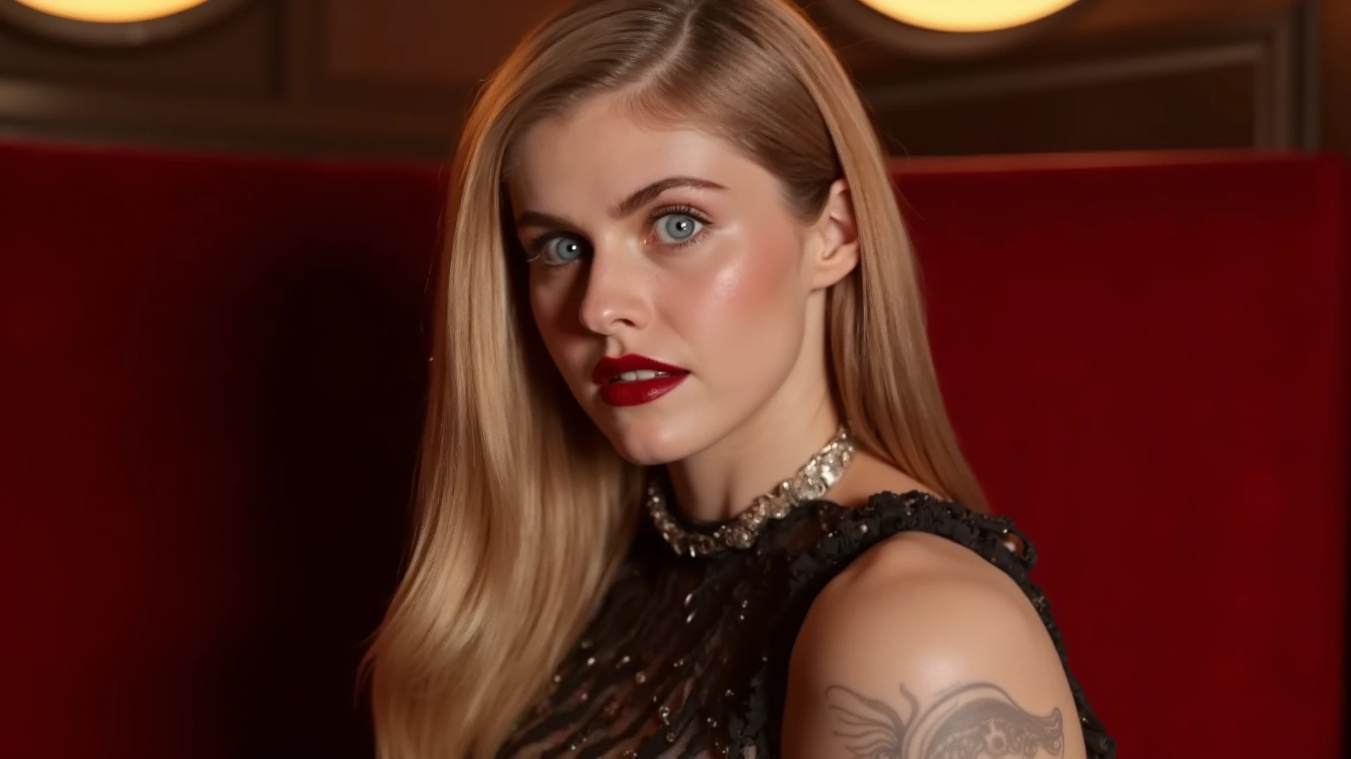 Quality:
full body shoot, 1/2 body parts, realistic photoshoot, (8k, HD, best quality, masterpiece), ( ultra-hyperrealistic : 1.3),
atmosphere:
dramatic cinema lighting, strong contrasts, art, erotice stimmung, seduction,
Subject :
1 naughty young girl (Sophie Turner):1.9 looking to the camera, head tilted very wide on shoulder , glämzende glatte schulterlange haare fallen beautiful zur seite, Hairstyle cut to a bob. beautiful detailed eyes, beautiful detailed lips, beautiful detailed face, extremely detailed eyes , extremely detailed face , Long eyelashes, beautiful , sweet russian girl, fit, (sensual:1.2), , abs, slender, slim, long Haare, blue eyes , seductive, stunningly, (excited), Schön Face, sharp concentration ,
Blonde hair outfits :
ung girl with collar, leather corset with metallic elements,
Pose:
sits with her feet up in a luxurious chair, heavy mens boots, der Blick excited, (((looking exited to the camera, low opend mouth):1.9),
Scene:
focus on face, pretty girl, Head tilted to the side, absurdes, beautiful shadow and light , Ambient Occlusion, Sits in a red sofa in a club
style:
Vivid colors with high contrast for a modern, dynamic style , seductivee Stimmung, erotic ,stunninglye Kulisse, White spot from the ground , beam of Moon light from the top of the right side in the face
Details:
extremely detailed face und Augen, straight shiny hair