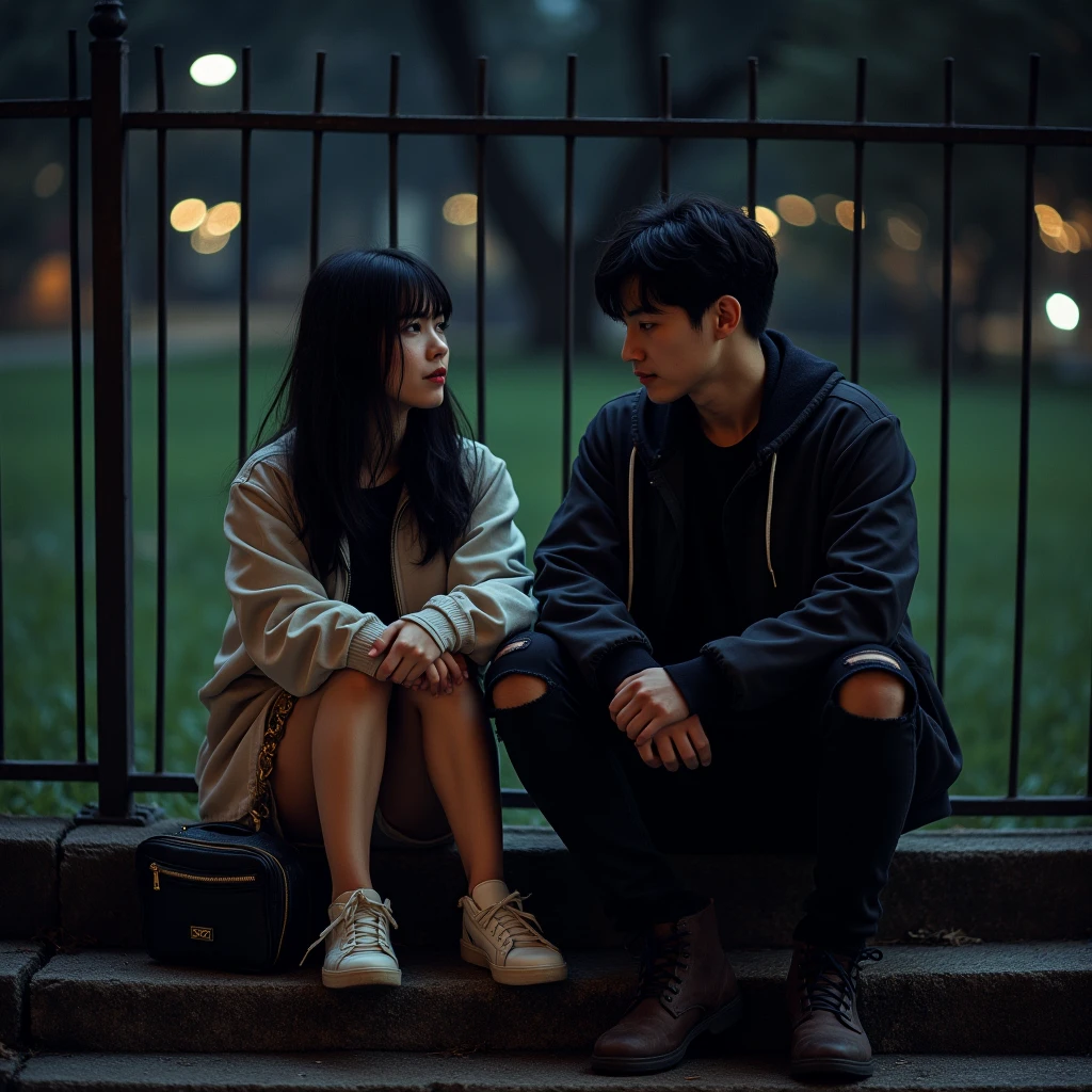 Couple sitting in the square at night, alone on a bench 