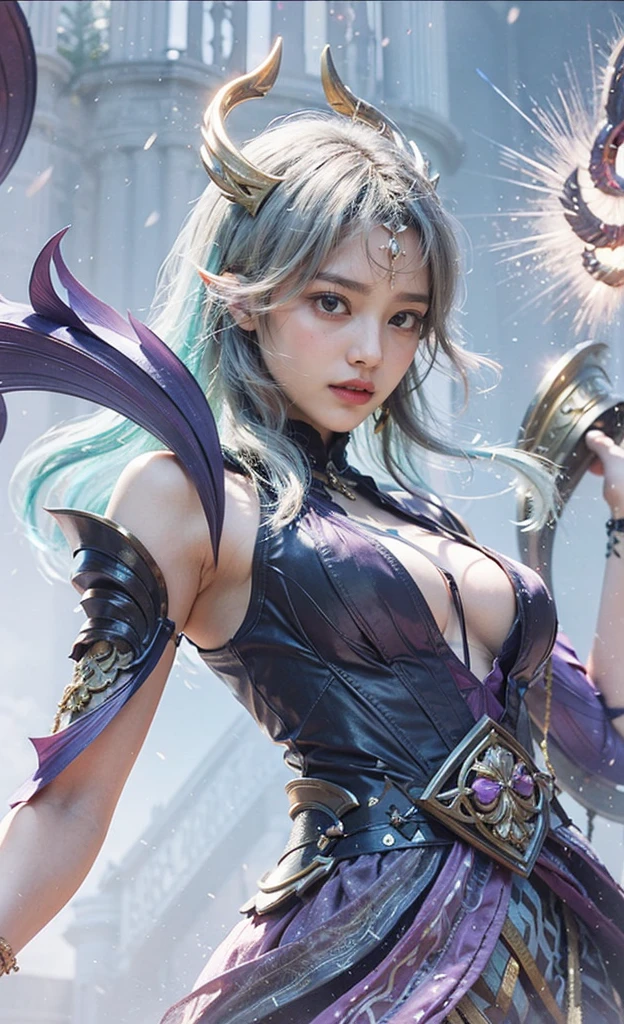 Beautiful Devil Girl，（best qualtiy，8K，tmasterpiece:1.3），Goose egg face，largeeyes，long eyelasher，With bangs，Cool Handsome，domineering，Exquisite（Live-action realistic style），Star-like eyes，The Ultimate Face，Photorealistic light and shadow，Clear facial features，milky skin，Fair skin， highdetailskin， Realistic skin details， Visible Pore，（Super Detail），petite body，Carmelto， full body Esbian，She wears long, loose black hair that reaches her waist，（Flowing hair）， SMOOTHNESS，gigantic wing，crystal wings，（Super Detail），Dressed in simple armor，（（dynamicposes）Suspended in the air），（（Background of two ice planets，Binary orbital flight，spaces，the sea of star）），((dynamic background((purple lightning)) ，Dramatic scenes