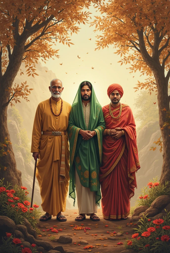 **Legacy and Inspiration**: A symbolic representation showing Shivaji Maharaj’s influence on India’s freedom struggle, with his portrait at the center and prominent freedom fighters in the background looking inspired. In dall e-3 style
