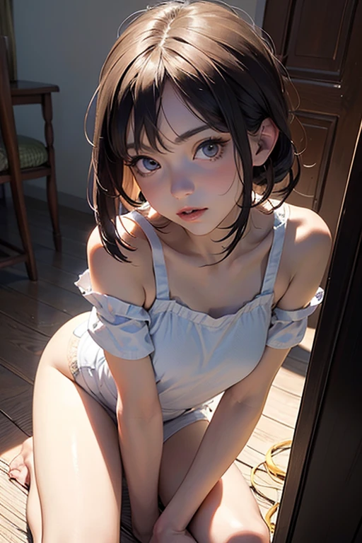 ((((((14 years old))))))、(((A charming face)))、(((Young face)))、(((beautiful girl)))、(((A beautiful woman)))、Beautiful woman、Cute woman、((Innocent face))、((Smile))、((Ultra-detailed face))、((Detailed lips))、((Detailed eyes))、((double eyelid))、(((Beautiful Face)))、(((Beautiful, well-shaped eyes)))、(((Beautiful, well-shaped lips)))、Very Short Hair、ponytail、Pixie cut、BREAK、(((Completely naked)))、BREAK、、BREAK、8 heads、(((slender)))、(((Slim body)))、(((Thin body)))、(((Slim woman)))、(Flat Chest:1.2)、BREAK、Photographic quality、Natural light、(フォトRealistic:1.4)、(Highest quality:1.2)、(Ultra-high resolution:1.2)、8K、RAW Photos、Realistic、High Detail、Film Grain、Detail Skin、Symmetrical、Delicate skin、Real human skin、pores、Super detailed、Detailed、(masterpiece : 1.2)、Thin face、Sharp Face、Small Face、Small face、Narrow shoulders、Small shoulders、Small shoulders幅、Slim shoulders、Narrow shoulders幅、Beautiful Japanese Woman、Beautiful Korean Woman、Slim womanモデル、Young Gravure Idol、Realistic young gravure idol、Young Sensual Gravure Idol、Young Pretty Gravure Idol、Japanese Model、Young Gravure Idol、((From the knee up))、((She spreads her legs and shows her pussy))、((Leg spread))、(arms behind back:1.0)、(((Bend your knees)))
