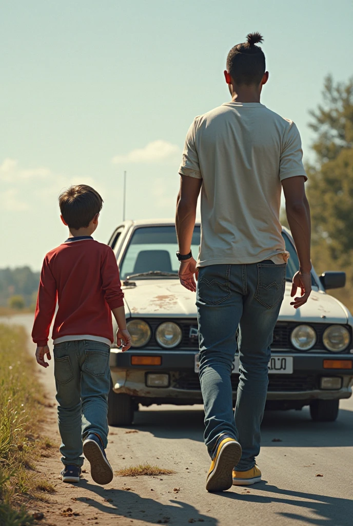 Dad and son in a muscle car on the road
