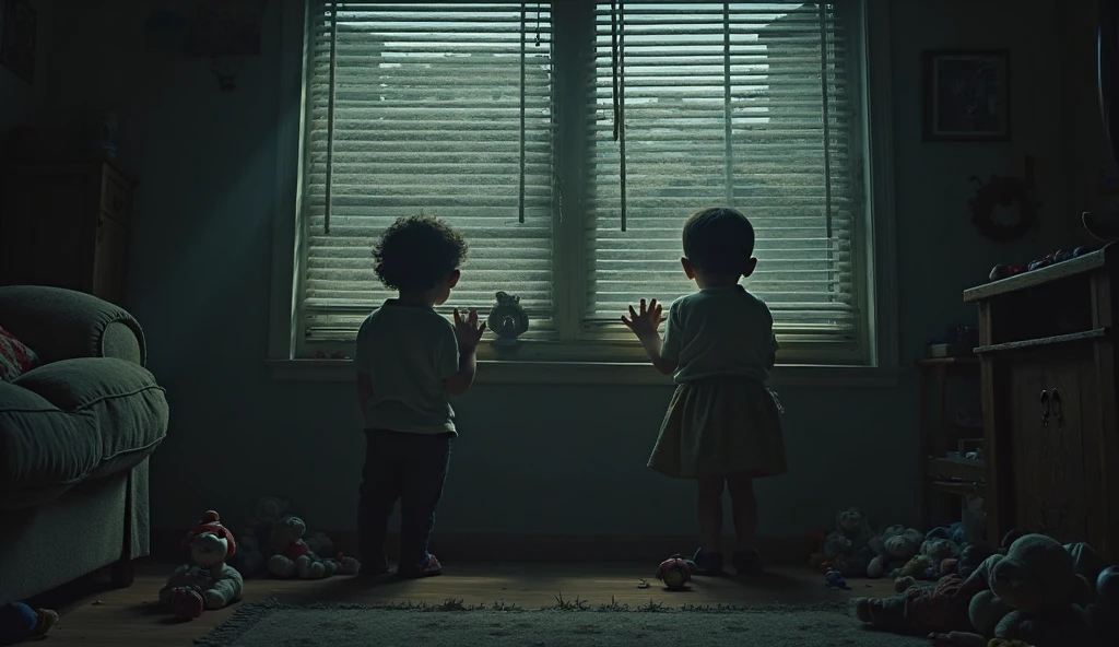 Generate a high quality, realistic seen in cinematic 3d
cartoon style ** The kids enter the dark, dusty interior of the house. There are cobwebs hanging from the ceiling, broken furniture scattered around, and faint light streaming through the broken windows.
