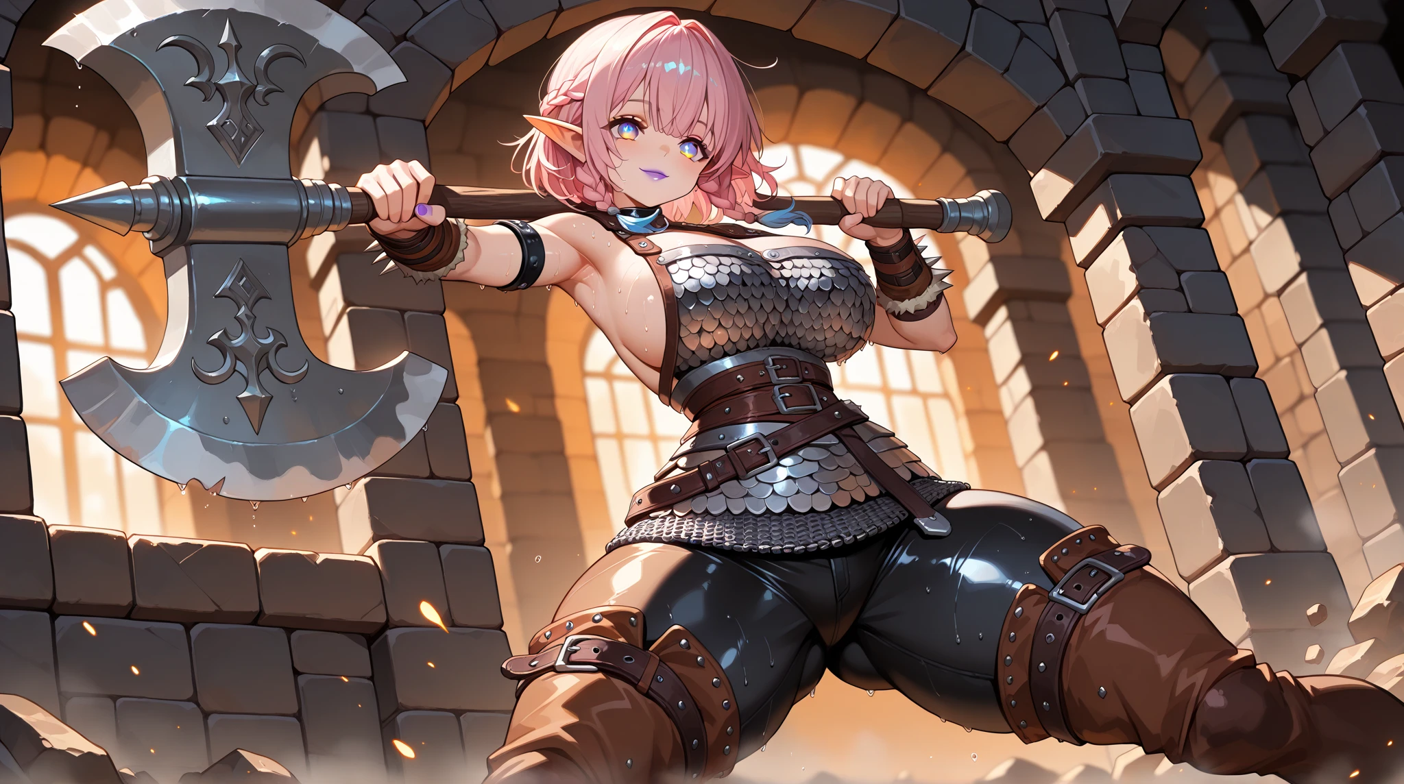 one-girl,Alone,dwarven,Lilliput,with pink hair,Heavy armor,helmet,Fang Jia,Square helmet,big hammer