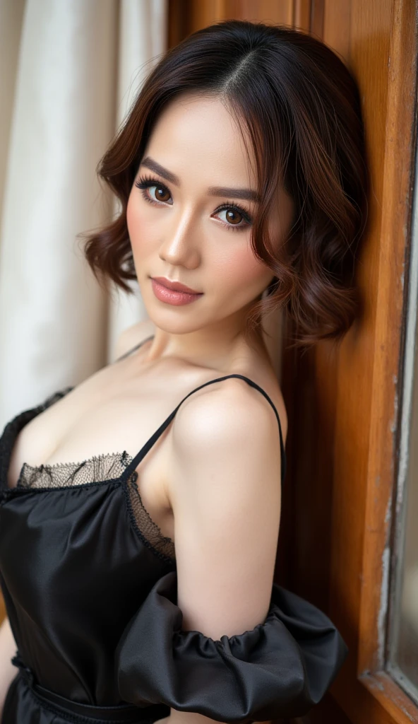 beautiful Indonesian 50 years old lady, no make up, natural face, wears black luxury sleep gawn, sligtly fatbody, big breast, full body shot, masterpiece, professional photo, hands behind, classic hotel room, low light, v neck shirt, show breast, photo at night, sitting in the bed, crossed legs, nipples visible, hands under pillow