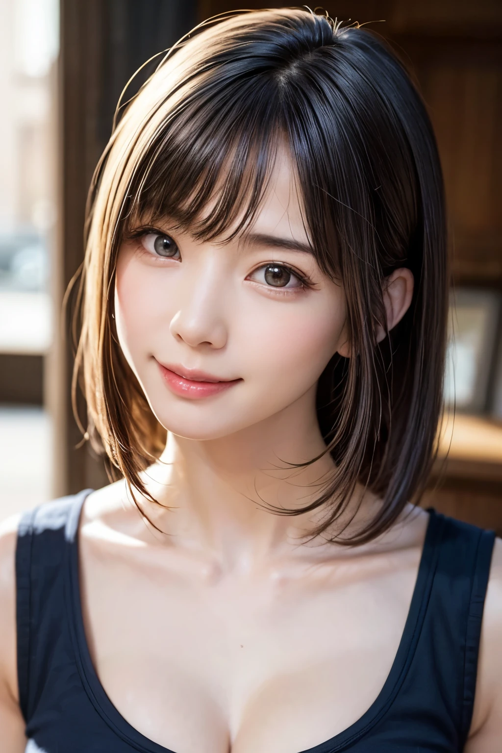 (Highest quality:1.5), (Realistic:1.5), (1 person:1.5), (medium wide shot:1.5), Very detailed, High resolution, 8k wallpaper, , Small breasts, Natural color lips, Cute Smile, Japanese women, 20-year-old girl, Beautiful and elegant face, Perfect and beautiful face, Big eyes, Brunette's eyes, Beautiful and elegant face, Perfect and beautiful double eyelids, Natural Bangs, Beautiful thin nose, Beautiful Skin, Chestnut Hair, Medium Bob Hair, Shortcuts, Natural Bangs, Perfect and beautiful face, Slim face and figure, (Looking into the camera), Bright lighting, Professional Lighting, Forward lighting, Natural smile, church, White Wedding Dress, tiara、Beautiful cleavage、