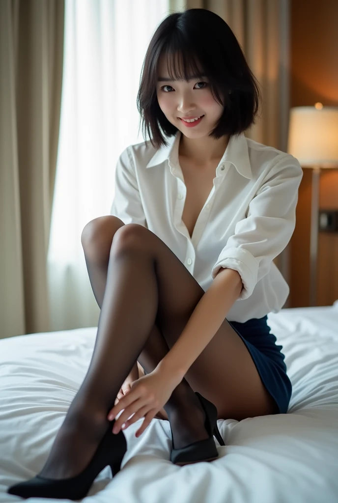 Pure young Japanese girl, outstanding body, beautiful legs, wearing suits and loose chest blouse and skirt, (pantyhose), high heels, vivid makeup, natural black hair styles, sexual smile, sitting, sexual attractive, spread wide legs, lift up skirt, temptation to sex, professional porn and eroticism photography, soft sunlight,