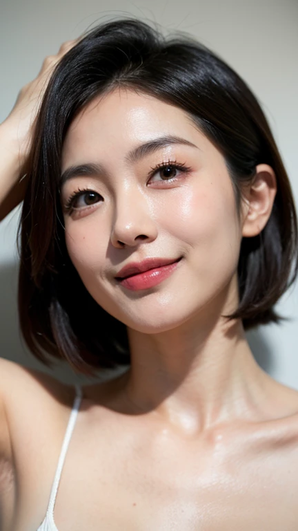(8K、proffesional、top-quality、masterpiece:1.2)、(Highest Details Skins:1.2)、(Supreme Detail Face:1.2)、large full breasts、(((Wet transparent plain t-shirt)))、Dark bras、Upper body close-up, (nsfw:1.5),