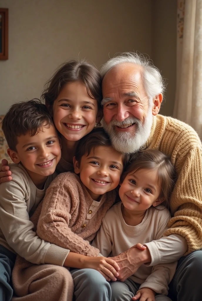Grandfather with 3 boys and 1 girl sitting on a garden bench