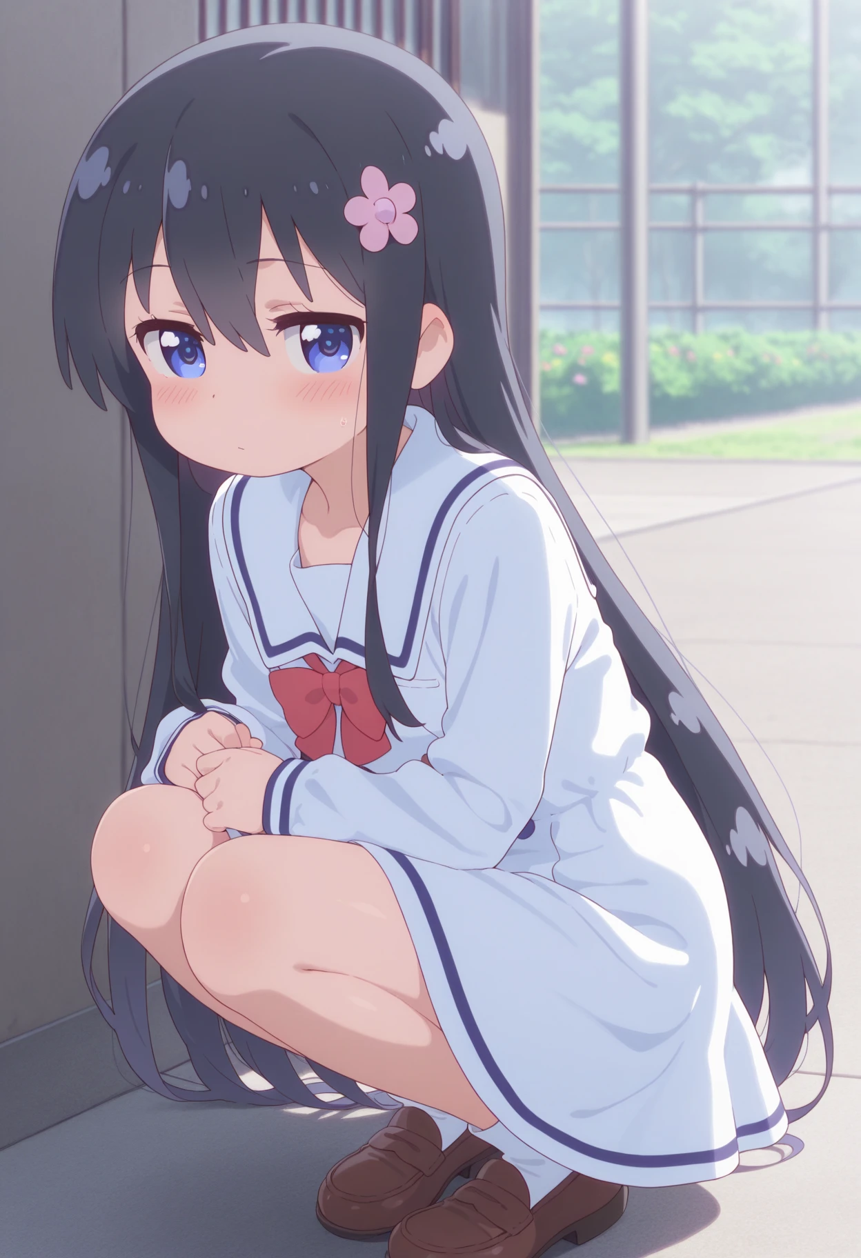 score_9, score_8_up, score_7_up, source_アニメ, masterpiece, 1girl, watahana, blue eyes, hair ornament, hair flower, school outfit, blue dress, sailor dress, white sailor collar, red bow, sitting, hugging own legs, outdoor, school yard, field, cowboy shot, looking at viewer, indoors, open mouth, Black Hair、Shiny Hair, Primary school students、Skirt fully open、Long wide skirt、cute、White underwear、blush、Watery eye、(Lots of water)、Wet、((Wind power increase))、The skirt floats on the water、(drowning water)、(Underwater Shot Of The Swimming pool)