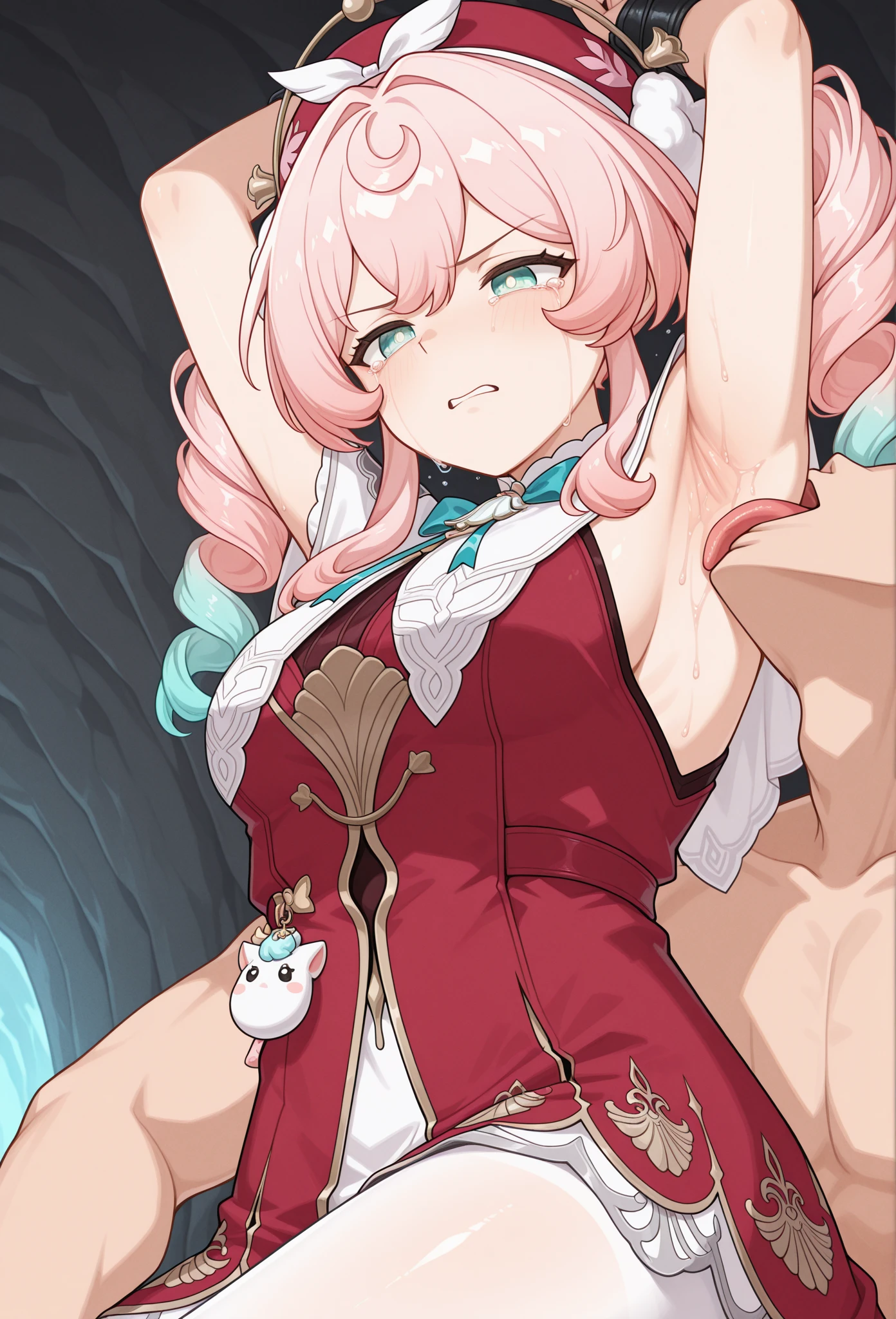 One, 1 girl, I look at the viewer, 2d, anime, anime coloring, whole body, (simple background, Solid white background:1.3), Lefia Virdis, bait, tape, butt skirt, smile, no panties, white stockings