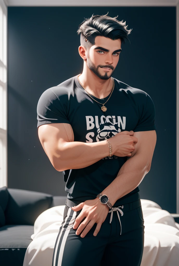 (masterpiece, intricately detailed, highest resolution, best quality:1.2), (doujin), a cocky Latino Instagram influencer, a 24 y.o muscle stud with a muscular physique sitting on a chair with black eyes,dark-skinned male, wearing a ((open jacket, big chains, chavalpha, armbands)), ((excessive cum)) ((cum on body)) (cum drip), flaccid penis,saggy balls,hairy chest,vascular,muscle striations,soft light,fantastic realism, colth