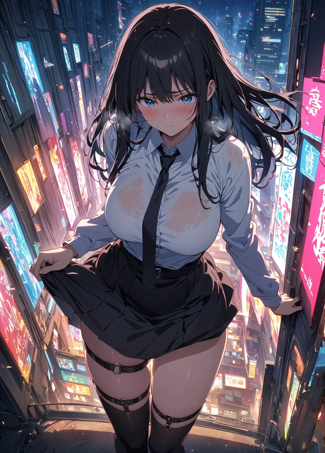 Late Night Tokyo、This is the rooftop of the tallest building in Tokyo.、You can look down on the city buildings from here.、１A girl stands sighing at the world、It's night now、サファイアのアクセサリーが付いている大きな黒いwitch hatを被っているCompletely nakedの女性、Completely naked、I can see her , navel, pussy, clitoris and labia majora.、knee-length black stockings、Short dark blue loose lob hair、Small breasts、R-18 illustration、