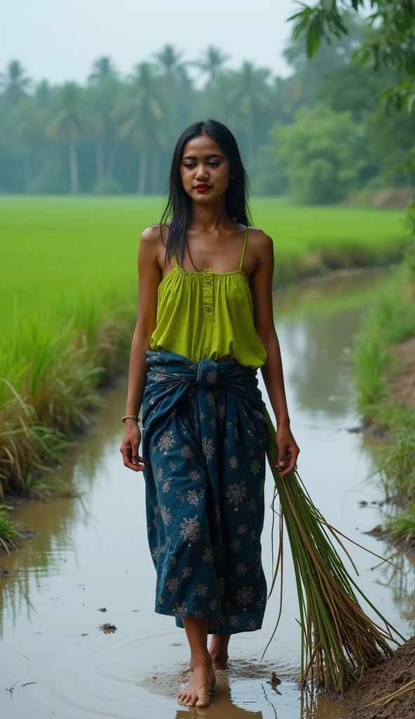 WOMAN STANDS OUT WHILE PLANTING WATERMELON IN THE FIELD OF BATIK CLOTHING ARMS IN A ROLLED TWO FINGER POSE