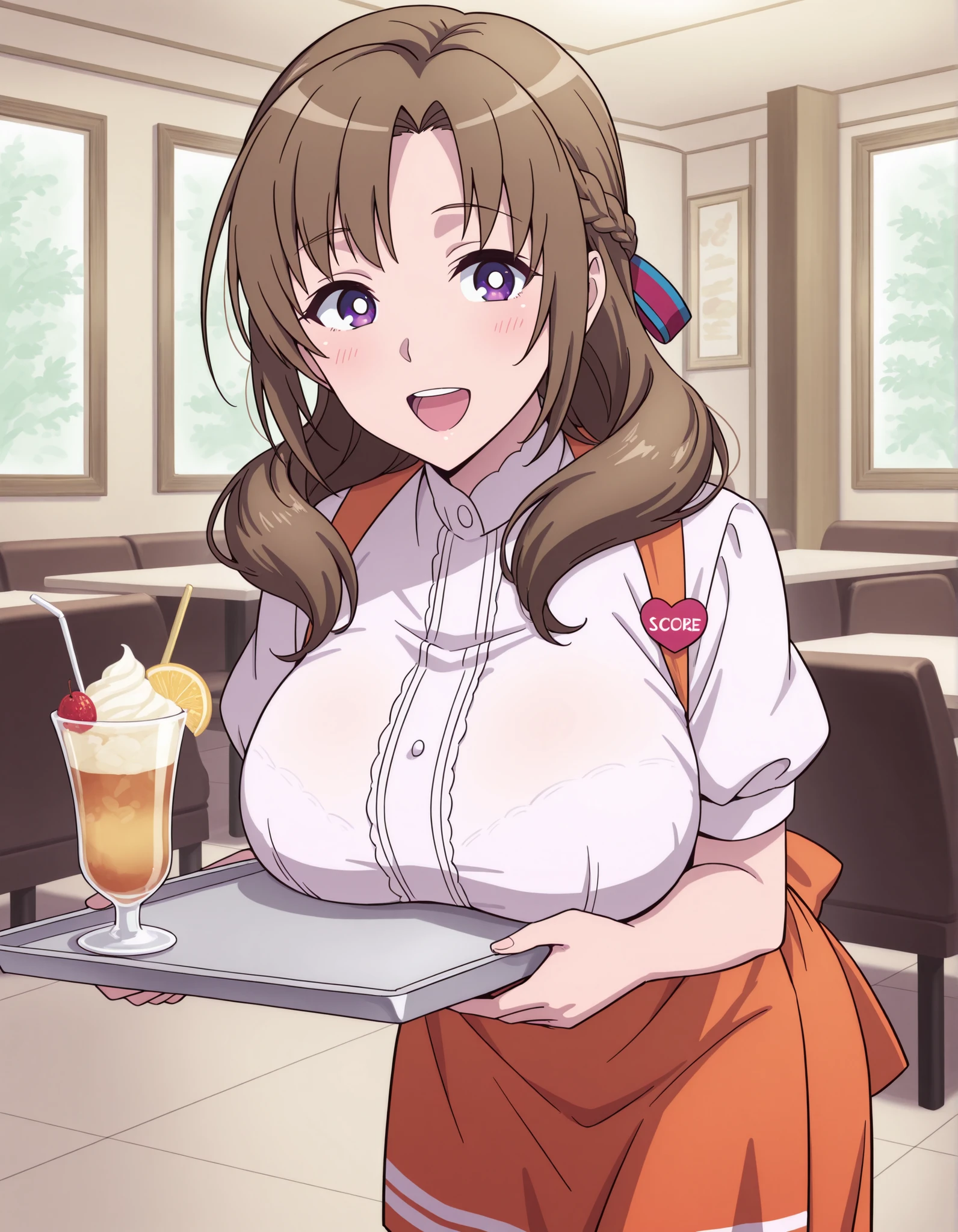 Score_9, score_8_up, score_7_up, source_anime, Mamako OOSUKI, solo, bronze hair, long_hair, hair ribbon, multicolored ribbon, braid, purple_eyes, huge_breasts, (best quality), (high quality), {masterpiece}, extremely delicate and beautiful, ultra-detailed, beautiful detailed eyes, anna miller, waitress, white shirt, short sleeves, puffy sleeves, orange suspender skirt, high-waist skirt, waist orange apron, name tag, restaurant, indoor, holding silver tray, smile, open mouth, leaning forward
