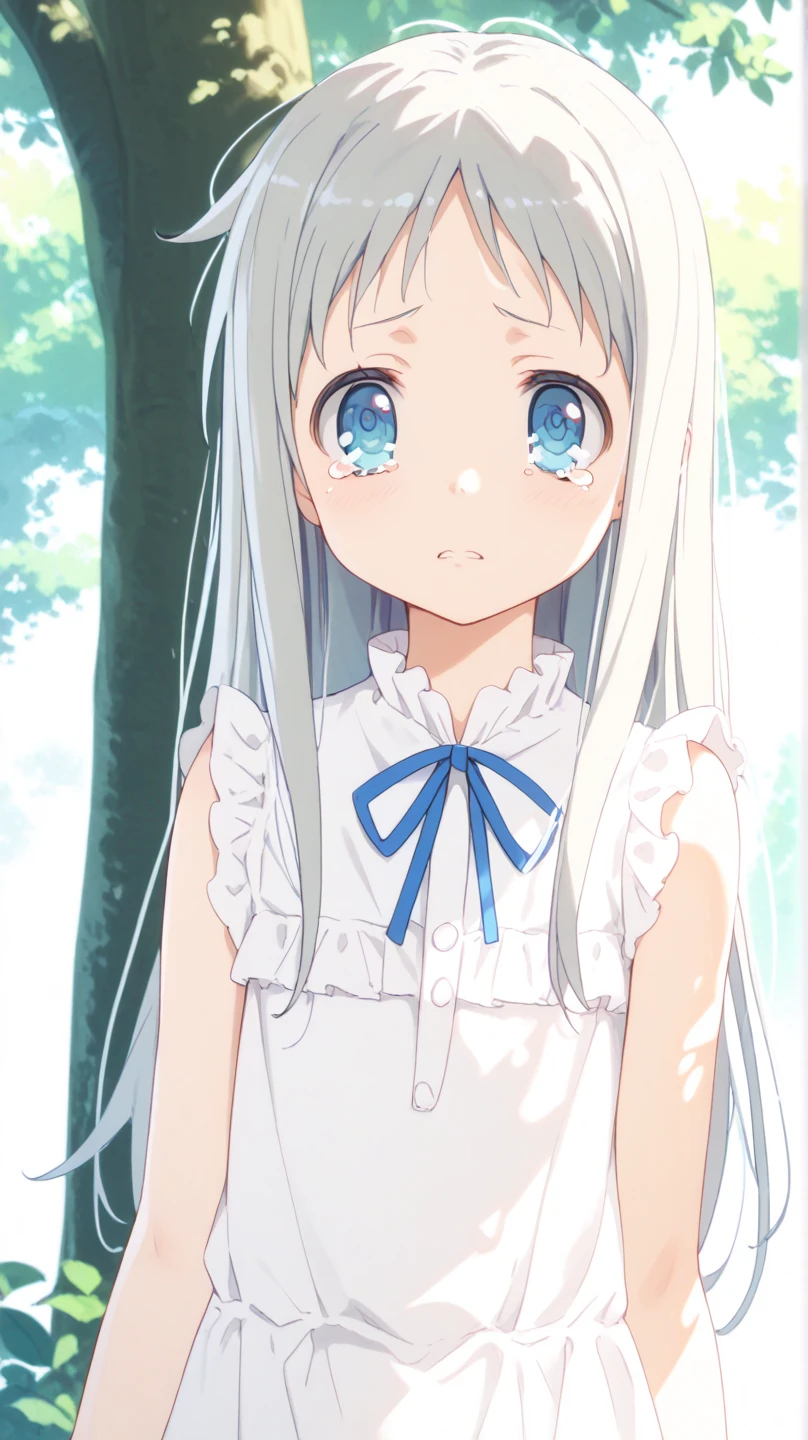 1 girl、meiko honma, long hair, blue eyes, grey hair, dress, sleeveless, sleeveless dress,Quality(masterpiece、最高Quality、high resolution、beautiful face in every detail、anatomically correct、detailed depiction)、sheds big tears、shines with a crying face、Standing in the shade of a tree、Backlit Asahi、
