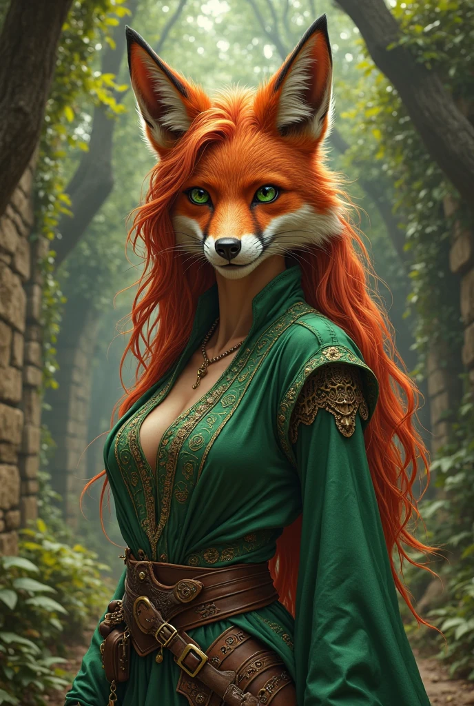 female fox mid transformation, solo, masterpiece, best art, victorian dress. detailed hands, detailed eyes, detailed torso, jungle, expression, transformation, human face, red shaggy hair. Hourglass figure. red lip stick, sexy pose.
