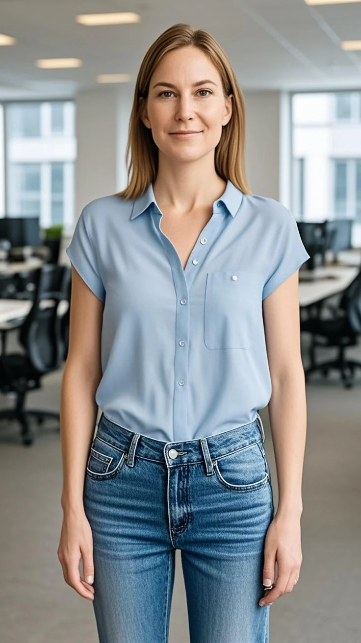 <lora:kawaii7.1.3_obj20:0.75:0.25>, European woman, closeup, sandals, (shirt), pants, (office cubicle), ZM_marisa, wide shoulders, perfect face, (contact iris: 1.1), pale skin, skin pores , depth of field