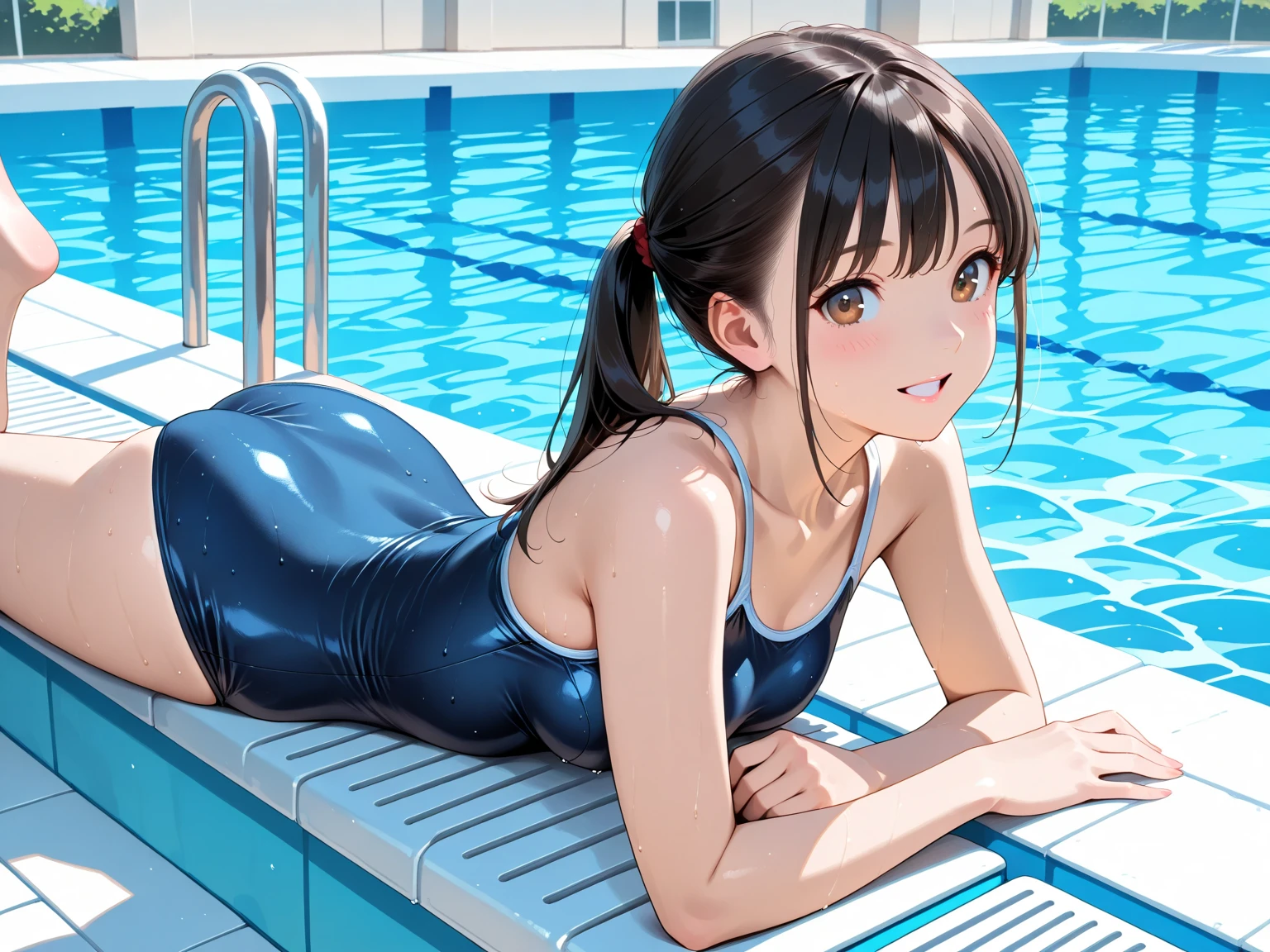 8k, (ultra-detailed:1.3, master piece:1.3, best quality:1.3, high resolution:1.3), (correct background), correct hand, shoot from below, 18year old, High school students, 1 girl, beautiful face, large and beautiful breasts, (slim waist), collarbone, Blue eyes, eyes in highlight, catch light eyes, specular highlight eyes, BREAK (long hair, black hair:1.3), BREAK (sit, own hugging legs), Laugh, BREAK (school, poolside), (school swimsuit), high ponytail,