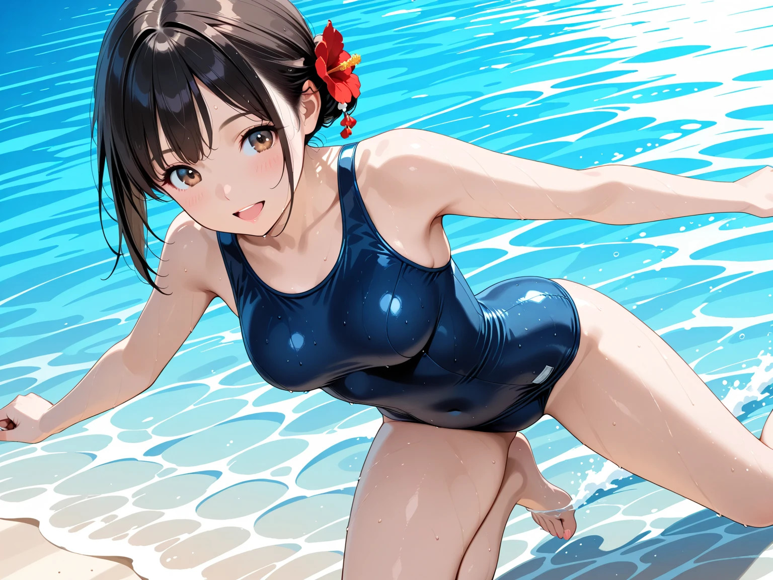 masterpiece、ultra-quality、ultra-detailliert、Perfect drawing、独奏、Beautiful girl in a swimsuit、Pee leakage(2.5)、Pee splashes out of the crotch(2.5)、red blush、Swimming Club、competition swim suit(onepiece swimsuit、highleg)10yaers old、Opening legs(30 cm)、Hold your crotch with both hands、Water gushing out of the crotch(2.5)、embarassed expression、Moisturized eyes、swimming pools、 Shot diagonally from below、thin fabric swimsuit、Light from the front、Right ahead、sunlights、Summer sky、clearface、masterpiece、ultra-quality、ultra-detailliert、Perfect drawing、nffsw、3D、8K、Bite