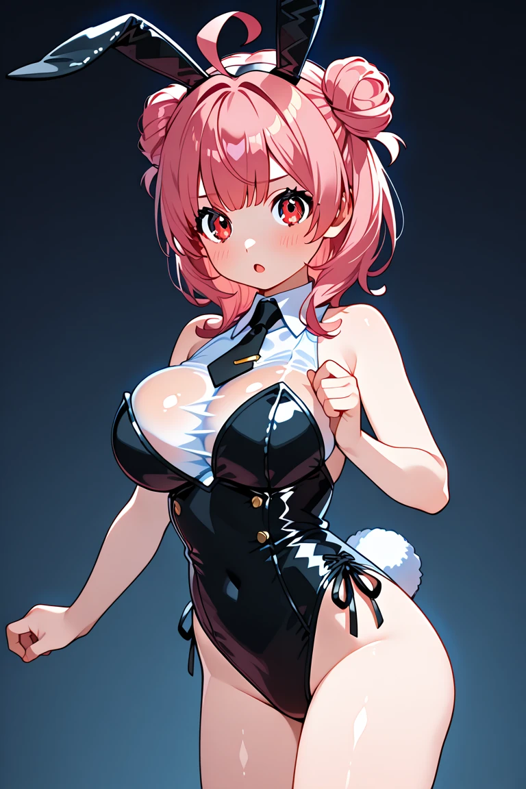 , tatsumaki, pantyholayboy_bunnal_ears, 1girl, yellow_body, rabbit_ears, bowtie, blue_eyes, bow, black_leotard, tail, armpits, detached_collar, leotard, cameltoe, strapless_leotard, covered_navel, rabbit_tail, strapless, curly_hair, fake_animal_ears, pink_hair, black_bow, blush, solo_focus, looking_at_viewer, outdoors, black_bowtie, large_breasts, day, smileage, gloves, fake_tai_hair, sweat, cowboy_shot, arms_behind_head, arms_up, elbow_gloves, covered_nipples, bangs, closed_mouth, blueky, black_gloves, flipped_hair, highleg, blurry_background,ernate_costume, highleg_leotard, blurry, sweatdrop