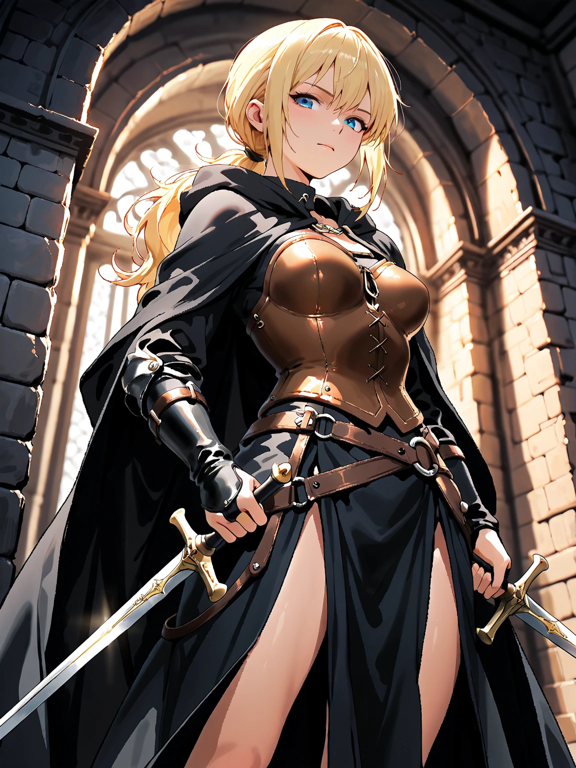 hiquality, hight resolution, ultra-detailliert, high-level image quality, hightquality, anime illustrated, (finely detailed beautiful eye: 1.2), Detailed eye depiction, (finely detailed eyes and detailed face:1.3), (extremely details CG, Best Shadow:1.1), Depth of field and blur, (Perfect Detail: 1.1) , digitial illustration, Enamel Art, Center, Watercolor painting, art stations, concept-art, character sheets, Lightning Wave, beautiful anime watercolors, Vibrant colors, Sharp Focus, art by:hyung tae kim, Fine detail, intricate detailes, highleg, Colossal tits, gargantuan butt、Curvaceous body, Detailed eye depiction, Vibrant colors, Sharp Focus, realistic skin textures、Whip body,Short cut hairstyle, (blonde) hair color, (black) eyeshadow, (nude) lip color, (red) and (black) checkered corset, (black) leather pants, (black) boots, Accessories are (silver) sword, (gold) belt, (red) cape, Background is inside a (white) and (gold) luxurious castle, facing soldiers in (blue) and (silver) armor.
