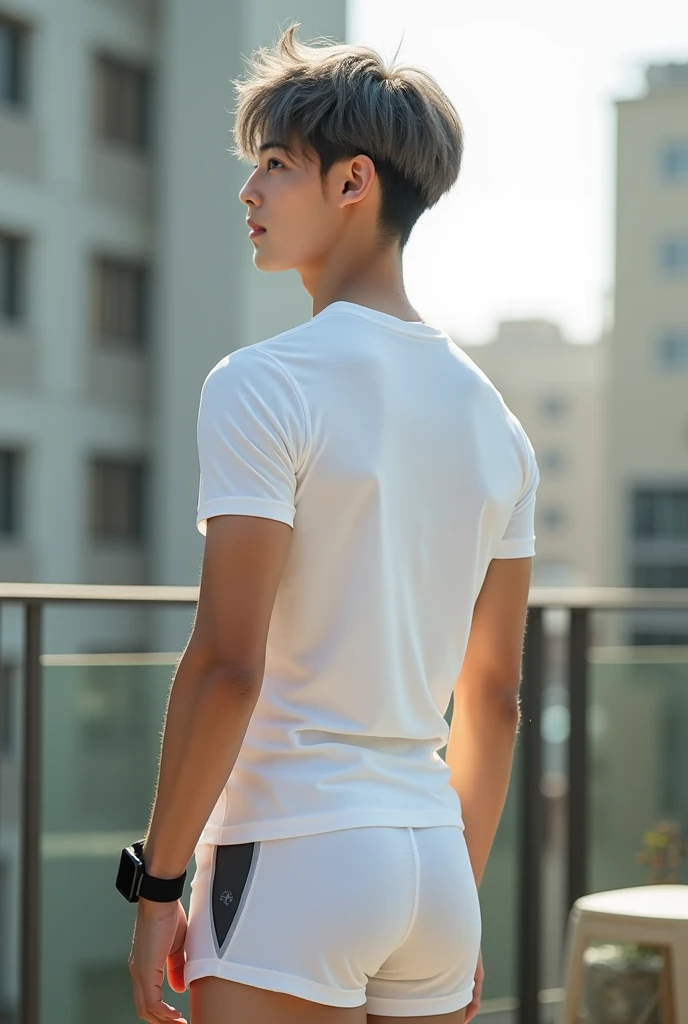 Handsome boy 18 years old, tanned, cute face, brown eyes, dark hair, bangs, wearing short sleeved cropped shirt and excessively short mini shorts, long slim legs, bracelets, flirtatious pose, hot summer, top quality