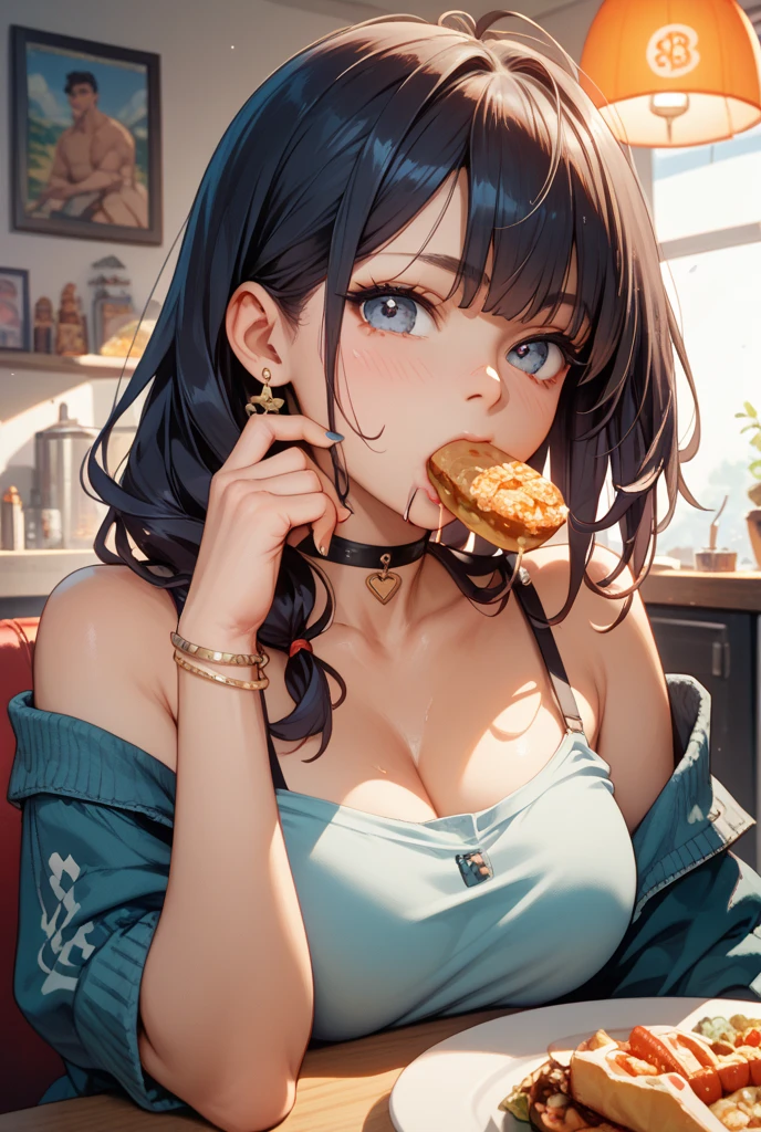 topless, Armless, A dark-haired woman wearing full-zip shorts is eating a tlayuda at a taco stand　Jeans have a belt　　　With side slits　Big Ass　Spread your legs　Open your arms