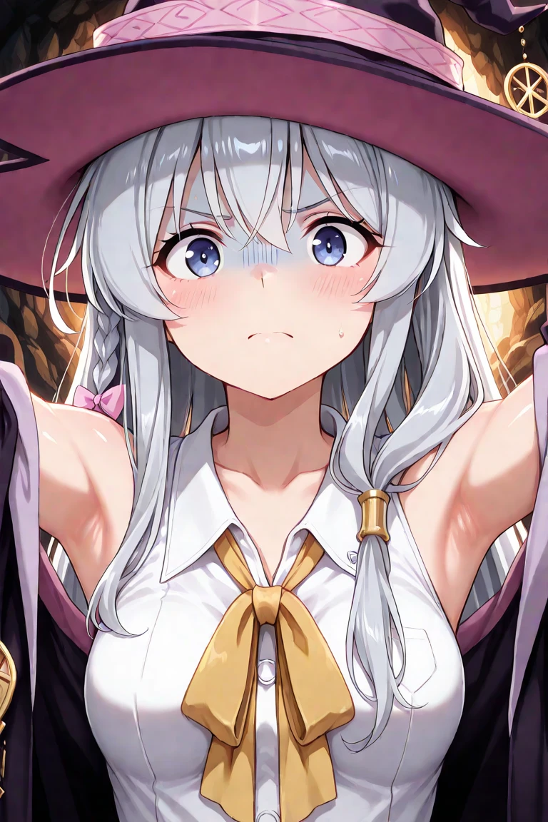 masterpiece, 1girl, (mature lady), solo, really long hair, white hair, bangs, braided hair, blowing hair, witch, Witch hat, light blue eyes, cleavage, night, Halloween, dark castle, big moon