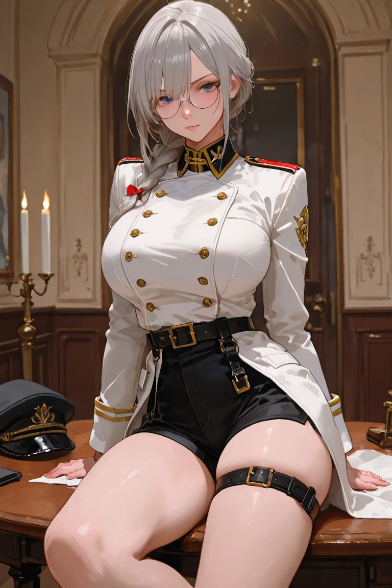 Transparent hair、Golden Eyes、eye glasses、Daughter in her early teens、flat chest、Thin pubic hair、Beautiful open legs、Black military uniform