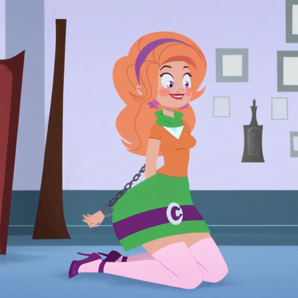 score_9, 1 girl, solo, barefoot, standing, full body , looking on viewer, Jessica, orange hair, hairband, short hair, purple skirt skirt, blue shirt, black pupils, full body, shy, sitting on desk, in classroom, light smile,
