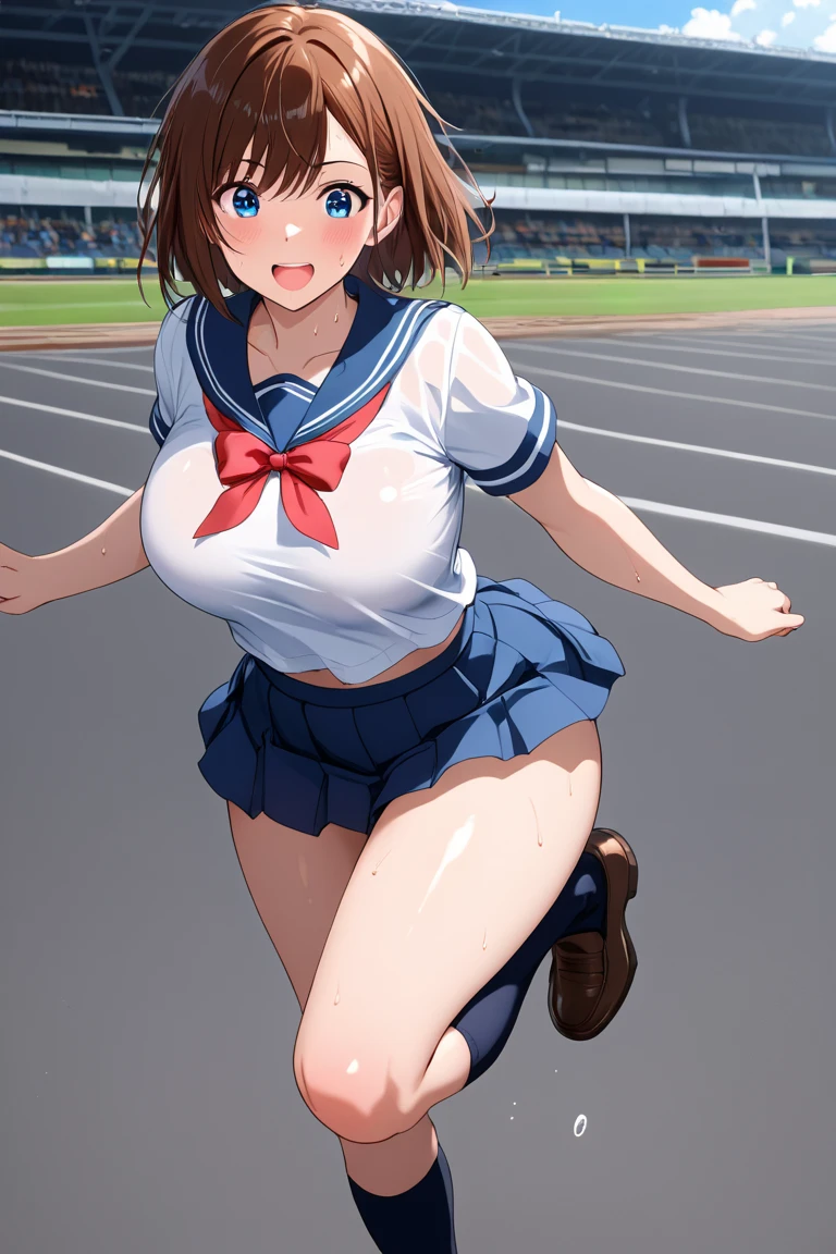 ((best quality)), ((masterpiece)), ((detailed)), (((perfect face))), (((slender 18yo teenage girl))), (((topless))), (((medium-large breasts))), (((bare))), (((naked))), (((nude)))), ((dark brown hair)), ((short ponytail)), (((blue eyes))), ((shy:1.3)), ((blushing:1.5)), ((skinny thighs)), ((skinny hips)), (((bare arms))), (((bare shoulders))), (((bare stomach))), (((wearing soccer boots, blue soccer socks))), (((running))) (((green soccer field))), (((surprised:1.3))), (((open mouth)))