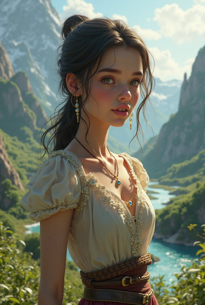 a woman in a blue dress standing on a mountain side, realistic fantasy render, digital fantasy portrait, realistic digital art 4 k, realistic digital art 4k, fantasy portrait, intricate wlop, fantasy genre portrait, matte painting portrait shot, hyperrealistic fantasy art, realistic fantasy artwork, realistic fantasy illustration, in the mountains, adventure hyper realistic render, fantasy art portrait