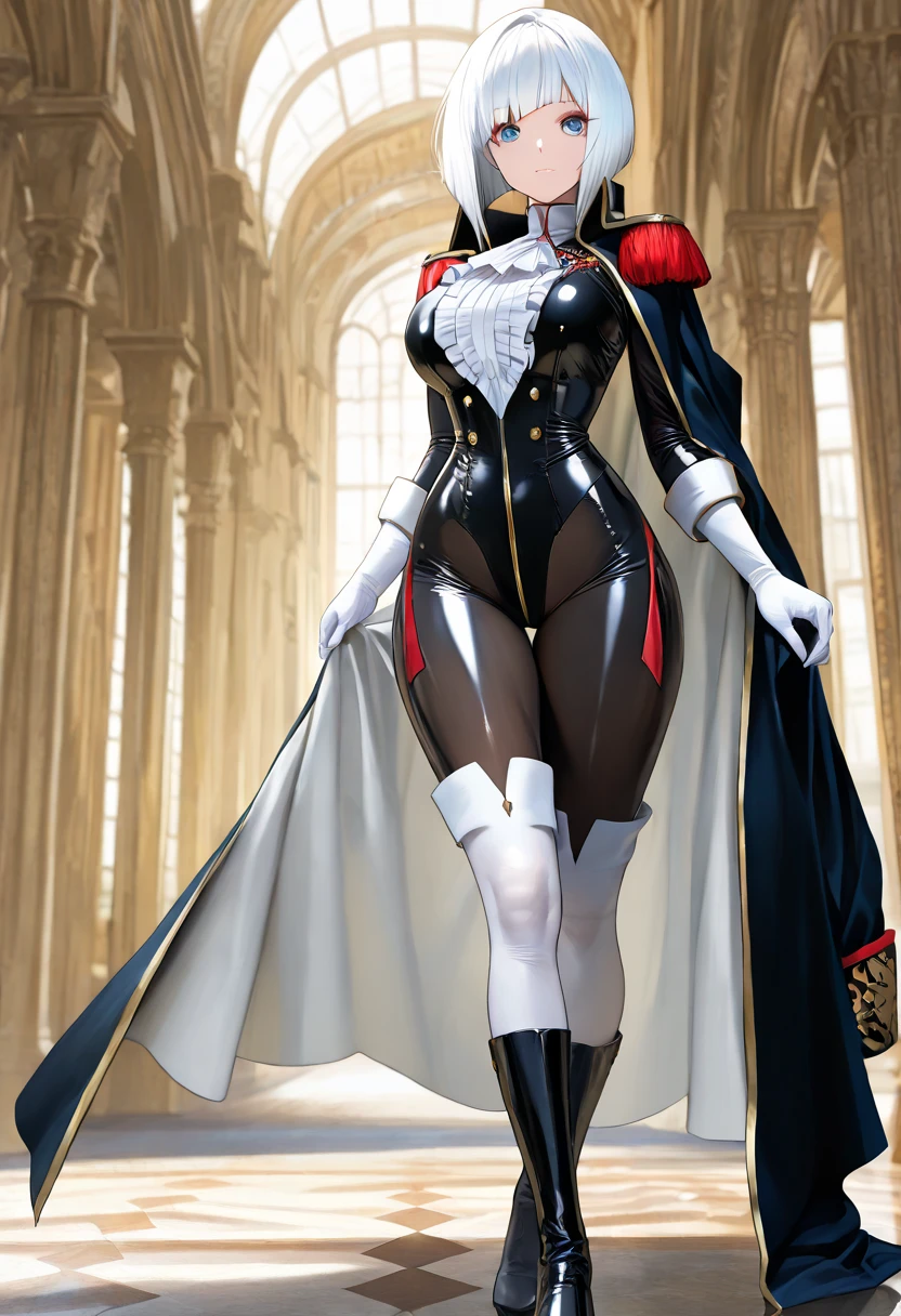 ((Full body pose:1.2)), (pale skin:1.2), (white skin:1.5), ((front view:1.3)), pale face, (puffy lips:1.4), (gigantic breasts:1.4), ((gigantic breasts:1.3)), design sheet, masterpiece, (slendered abs:1.2) ,detailed , Forte Stollen typically wears a (military-style uniform) that reflects her role as a skilled officer. This uniform includes a form-fitting jacket with epaulets, insignia denoting her rank, and matching trousers. She may also wear gloves, and her ensemble is often accented with belts , utility pouches for a practical, combat-ready look, The color scheme is generally consistent with military aesthetics, often featuring shades of green, brown, or gray, shiny skin, beautiful lighting from the side, soft warm light,epic pose, hat, short red hair, dynamic movie poster, masterpiece, high definition, Extreme Detailed Portrait With Bokeh Effect , Realistic Lighting