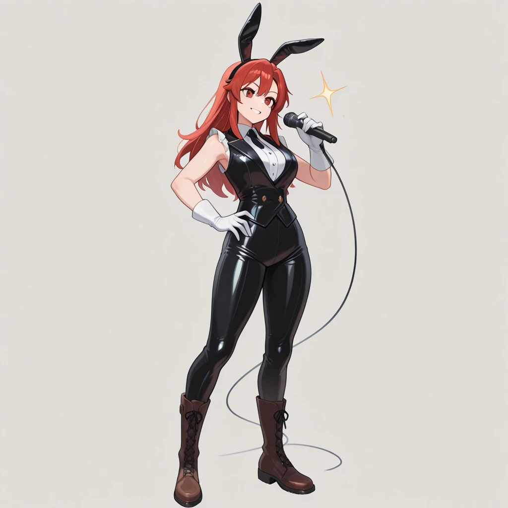 1girl, playboy bunny, solo, animal ears, rabbit ears, high heels, long white elbow gloves, long hair, pantyhose, tail, long white elbow gloves, very long hair, wrist cuffs, rabbit tail, leotard, large breasts, cleavage, necktie, fishnets, fake animal ears, blue background, detached collar, bent over, orange hair, white leotard, full body, black necktie, strapless leotard, blanc, nm1,
