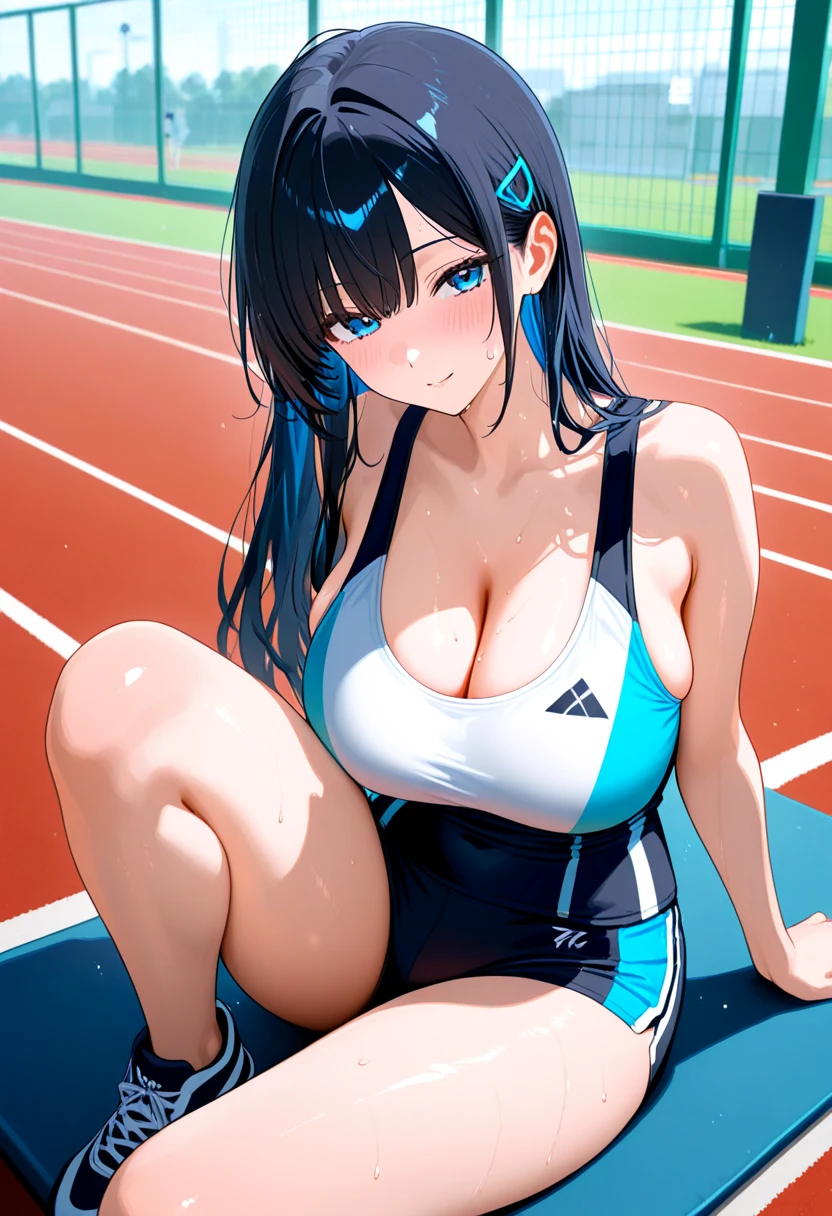 mastute piece,Best Quality,insanely detailed,8k cg,nsfw,
(shoot upper body:1.3),
(1girls:1.3),standing,looking at viewr,body in front,both arms behind back,(runner:1.3,runningbras,runningbriefs),(bare breasts:1.1),(bare nipples:1.1),
break,
blush,shy,(ecstasy face),(trembling:1.2),break,(blue hair:1.2),
break,
perfect breasts,perfect teats,(open mouth:0.9),(large breasts:1.2),
(trackfield)、