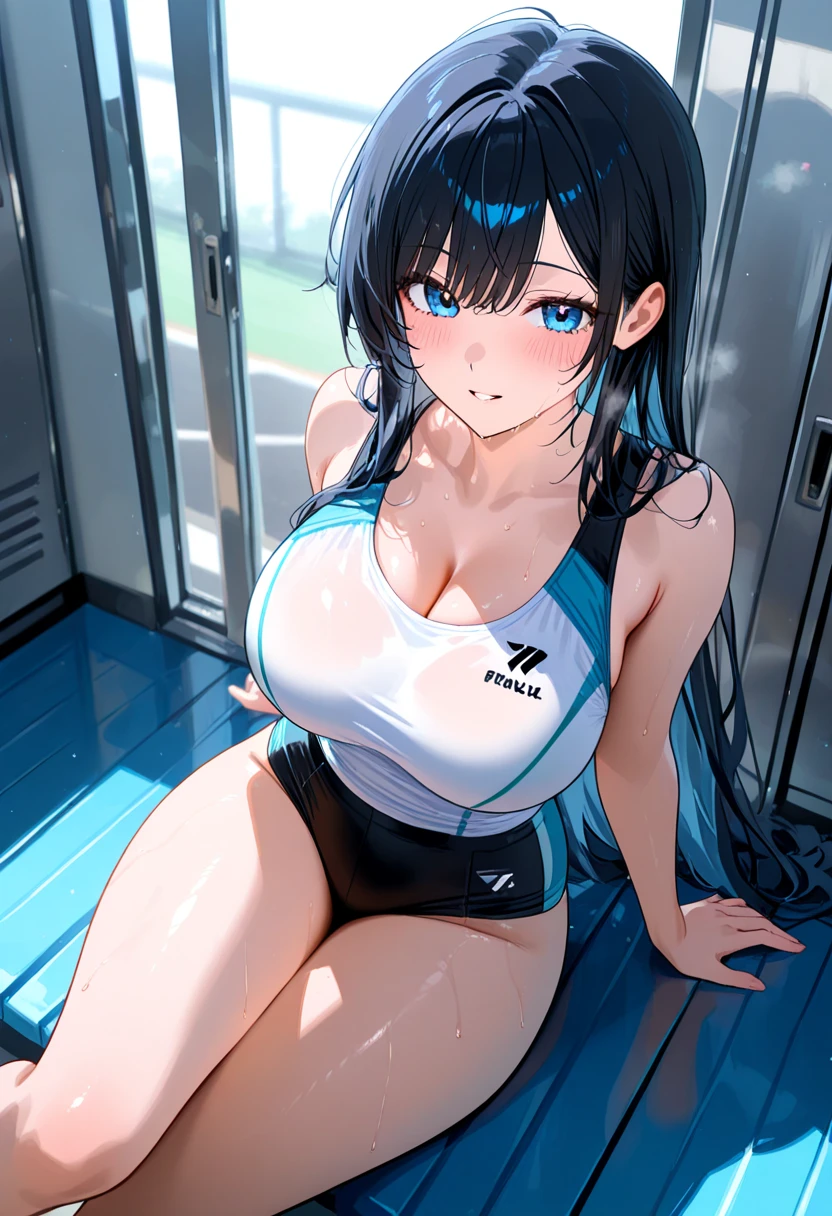 ((masterpiece:1.4)), ((Highest quality:1.4)), ((masterpiece)), ((Highest quality)), ((Complex and detailed:1.4)), ((Very detailed)),(See through:1.1),((Gym suit)),((Dark blue gymnastics bloomers)),((White shirt:1.0)),(((Wet:1.3))),((Long nipples)),Nipples are visible,(Firm breasts), Perfect breasts, Displaying the viewer, Insanity, Black Hair,(Straight long hair:1.2),(Neat hair),(Blunt bangs:1.1),Edge Hime Cut,blush, Beautiful and detailed, Sexy Face, (Big eyes:1.1), Beautiful Eyes, Very detailedな目,I shine,Smiling Kindly,tired, Exhausted,((Shiny skin)),Perfect clear skin,super oily, 細部にまでこだわったShiny skin, (((Sweat))). Sweating, Sweating loads,15 year old female,Sexy waist, Sexy Hips, Perfect Legs, Thigh Gap,(Perfect hands),Perfect Anatomy,Sexy pose,(Camel toe 1.4),Open your thighs wide to the left and right,,Crouch on the ground,Showing your crotch to the audience,((sit, Spread your legs:1.3, Put your arms behind your head)),