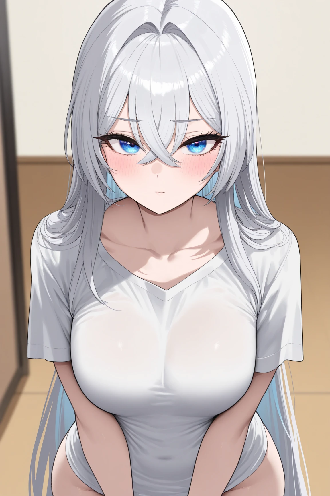 in bed, silver hair and blue eyes, black shirt and no bra, anime visual of a cute girl, screenshot from the anime film, & her expression is solemn, in the anime film, in an anime, anime visual of a young woman, she has a cute expressive face, still from anime, big breast, red cheek, lustful face, fair skin