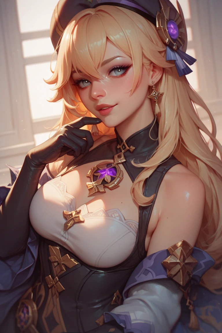 masterpiece, best quality, extremely detailed CG unity 8k wallpaper,((Upper Body)) ,((Upper Body head close-up shot of a beautiful )), , Elegant Long straight blonde hair, (Mckenna Grace), ((gigantic breasts,thighs,Autoluminescence skin)), (Purple-blue) golden (Glittering tutu,long Bunny Ear Headgear, , Bow-tie, No panties, genitals visible), ((spread legs)),(), (Blush), , (seductive smile), (A world of ice and snow), pretty face, key art, award winning, intricate detail realism hdr, by (ruan jia and artgerm and range murata), Photorealism, Hyperrealism, ultra realistic, dramatic light, intense shadows, gorgeous view, depth of field