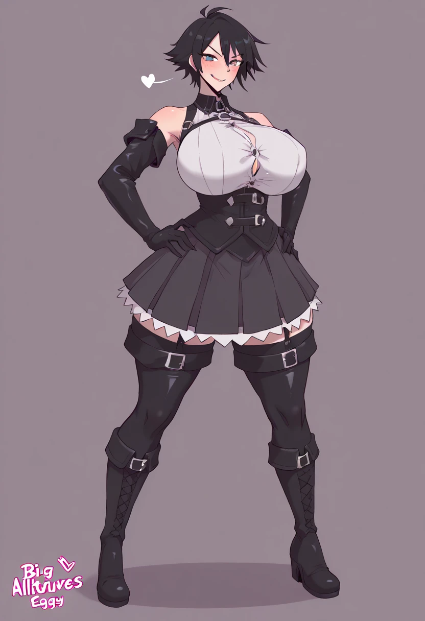 score_9, score_8_up, source_アニメ,blunt bangs,ponytail,Yellow Eyes,Gray Hair,very Big Breasts,((1girl)),White background,areola,oiled skin,sharp eye,,shiny skin,white background,Erect nipples,High heels,shiny skin,Estrus,empty eye,corset,gloves,front view,corset,Gothic,Expressionless,slingshot swimsuit,mini skirt